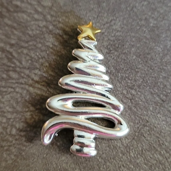 VTG Silvertone Swirled Christmas Tree Star Holiday Brooch Pin - Picture 3 of 5